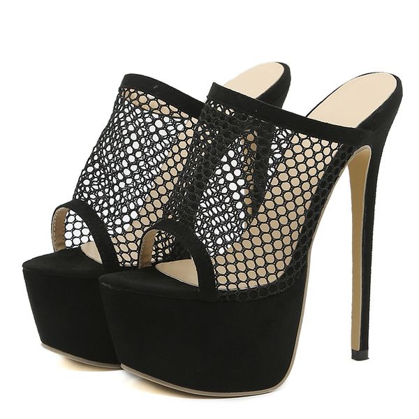 Liyke 2023 New Peep Toe Platform Heels Black Mesh Pantofole Sandali estivi Fashion Slip On Slides Women Mule Party Stripper Shoes