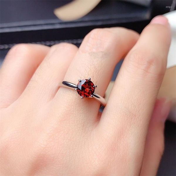 Küme halkaları sülük kadın nişan hediyesi için doğal garnet yüzüğü 6mm şarap kırmızı değerli taş ince mücevher gerçek 925 Soild Sterling Gümüş