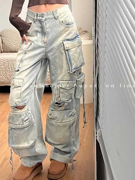 Damenjeans Neue Heavy Industry Multi-Pocket Washed Cargohose Damen Y2K Vintage Streetwear Hochsitzende, lockere, übergroße Jeans mit geradem Bein