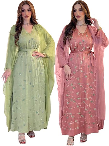 Vestidos casuais básicos Eid Vestido de noite Diamond Muslim Women Mesh Abaya Party Ramadan Abayas Caftan Kaftan Arábia Saudita Maxi Vestidos 2023 230613