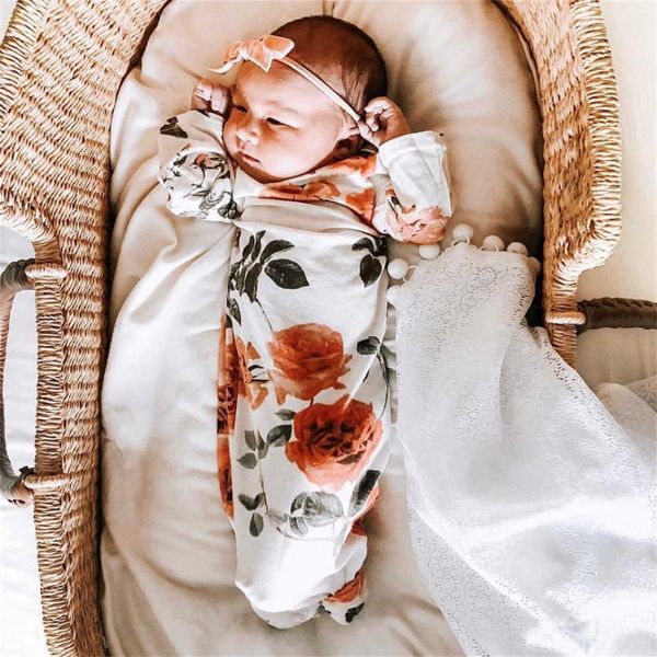 Sacos de dormir para bebês, roupa de dormir com nó, vestido floral de manga comprida + conjunto de boné