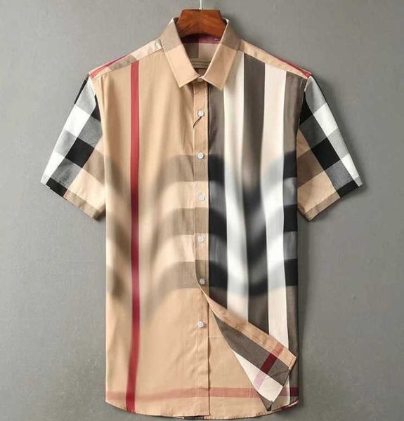 Yüksek kaliteli tasarımcı erkek gündelik gömlek burbereys erkek camisas hombre moda geometrik kontrol baskı kısa kollu yaka iş çok yönlü