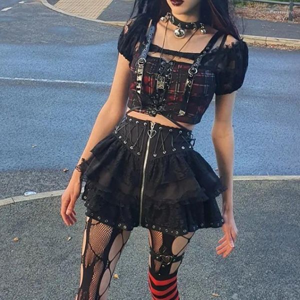 Saias Harajuku Subcultura Punk Metal Renda Saia Curta E-girl Gothic Dark Academia A-line Fairy Grunge Kawaii Moda Coreana