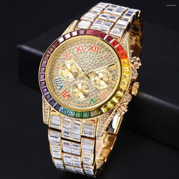 Armbanduhren Ice Out Uhren für Männer Luxus handgemachte Mosaik Diamant Gold Stahl Uhr Chronograph wasserdicht Mode Hip Hop Herren