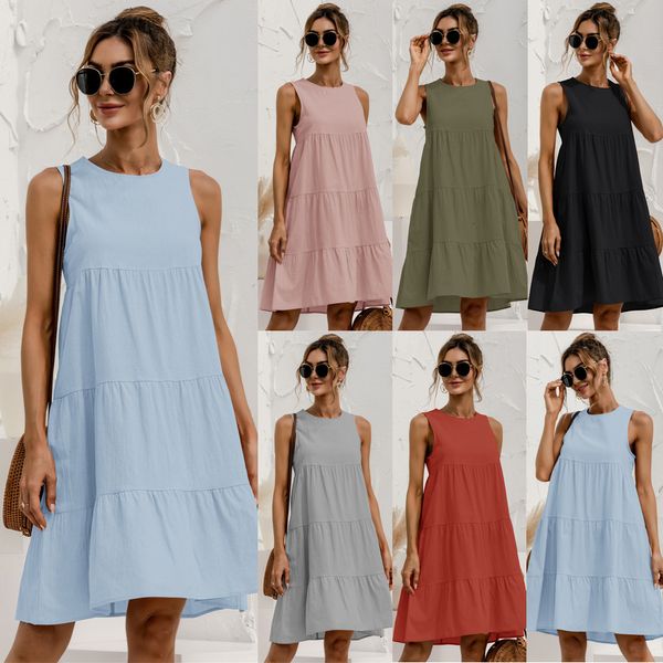 Vestidos Casuais Básicos Verão Feminino Vestido Colete Algodão Decote O Sem Mangas Vestido Midi Sólido Costura Grande Swing Vestido Casual Solto Vestidos 230614