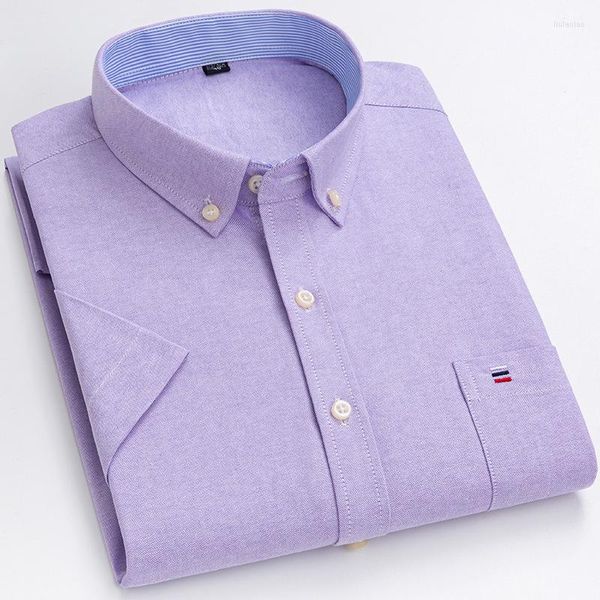 Camisas casuais masculinas de algodão Oxford Purple Shirt masculina manga curta xadrez bolso macio confortável ajuste regular vestido social de negócios
