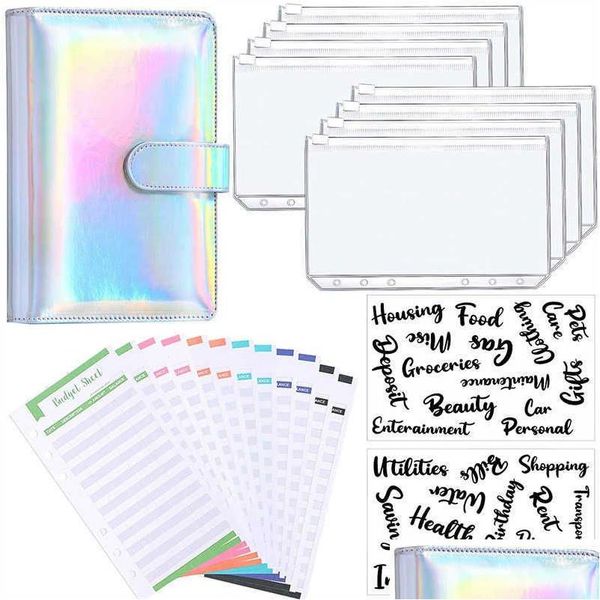 Blocos de notas A6 Glitter Couro PU Fichário Orçamento Envelope Planejador Sistema Organizador Com Bolsos Transparentes com Zíper Folhas de Despesas Drop Delivery Dhz6Q