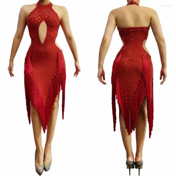 Stage Wear Donna Ragazze Sexy Backless Red Frange Garza Prospettiva Abiti Dacne Costumi Sparkly Diamonds Club DJ