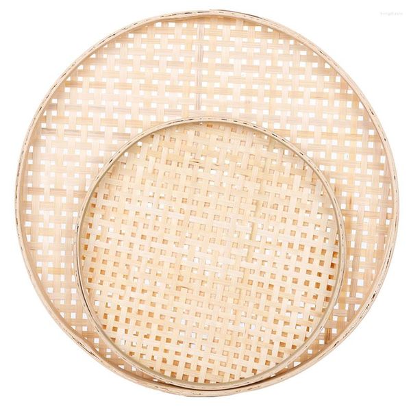 Conjuntos de Louça 2 Pçs Secagem Peneira de Bambu Tecelagem Artware Recipientes Suporte para Lanche Cestas de Armazenamento Decorativas Bandeja Simples Limpeza de Arroz