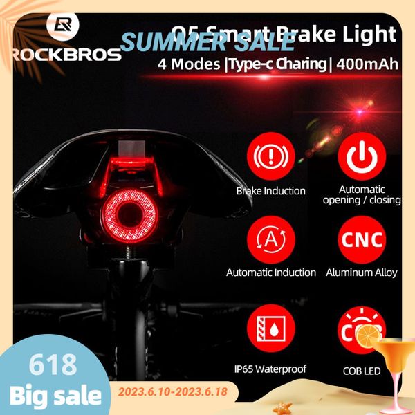 Luci per bici ROCKBROS Bicicletta Smart Auto Brake Sensing Light IPx6 Impermeabile LED Ricarica Ciclismo Fanale posteriore Accessori per luci posteriori per bici Q5 230614