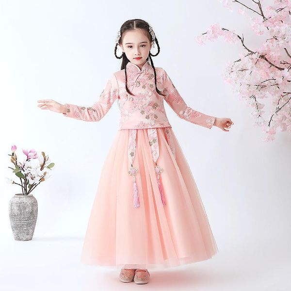 Ethnische Kleidung Rosa besticktes Prinzessinnenkleid Mädchen Cheongsam Performance Winter Plüsch Warm halten Kleider Jahr