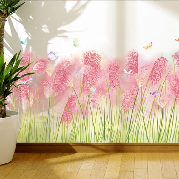 Dente-de-leão rosa vermelho e amentilhos de junco flor borboleta adesivo de parede sala de estar meninas quarto de crianças decoração de fundo poster