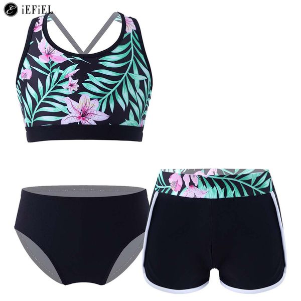 Fatos de banho Crianças Meninas Conjunto Tankini 3 Peças Estampado Floral Crop Crop Tops Costas Cruzadas com Bottoms Boyshort Roupa de Banho Praia Desporto Fato de Banho 230614