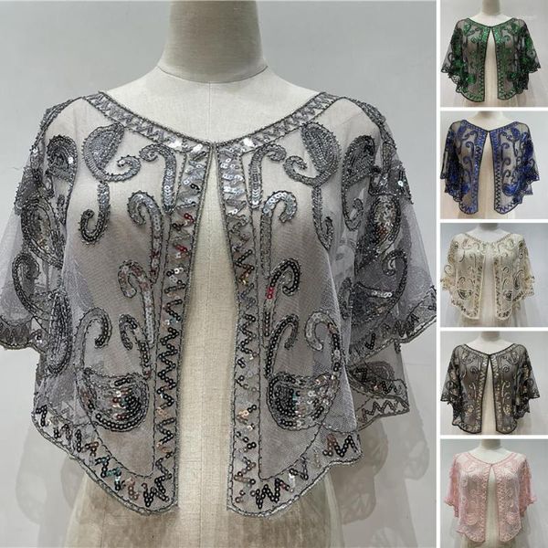 Jaquetas Femininas Lantejoulas Xaile Verão Curto Casaco Fino Colete Hanfu Gaze Prevenido Bask Bordado Frisado Capelet Jaqueta Brilhante Shrug