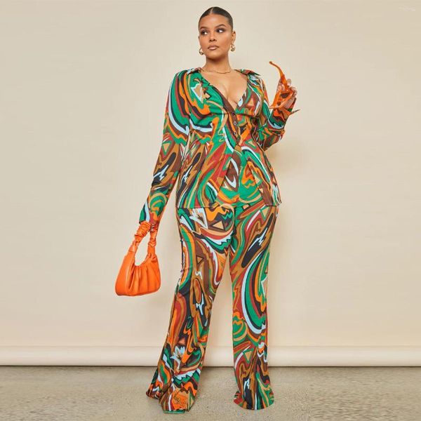 Abbigliamento etnico XL-5XL Set oversize per l'Africa Donna Sexy con scollo a V Stampa Camicia Top Pantaloni svasati 2 pezzi Abito da donna per ufficio moda