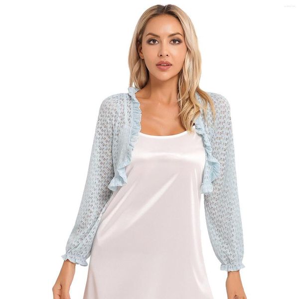 Jaquetas femininas femininas elegantes manga longa rendada cardigã encolher de ombros jaqueta casual com babados bolero cropped para férias casamento na praia