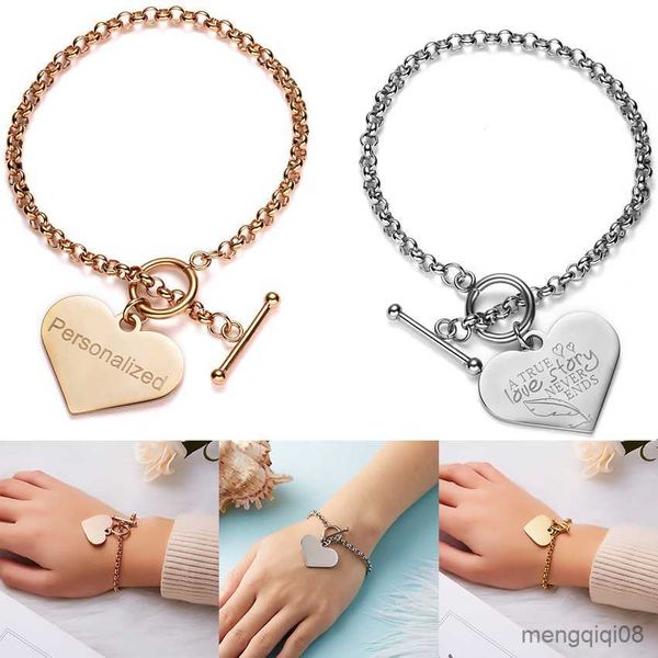 Pulseiras Personalizadas Love Heart Bracelet Aço Inoxidável Gravar Nome Letras Femininas Ajustáveis Jóias Presente R230614