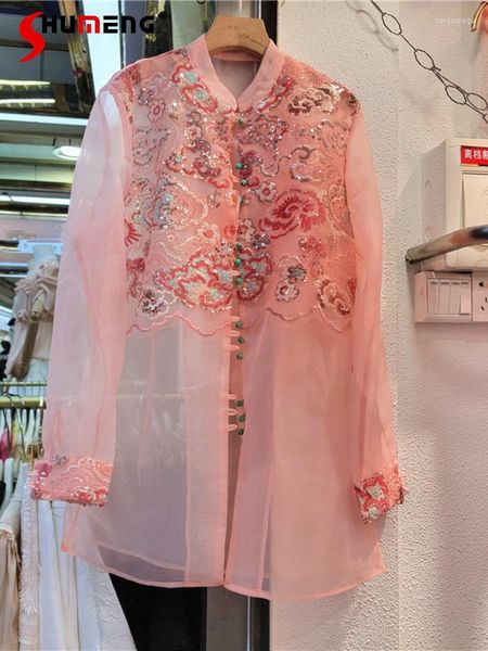 Camicette da donna Ladies See-through Paillettes Protezione solare Camicie rosa 2023 Summer Streetwear Moda donna Top di media lunghezza e