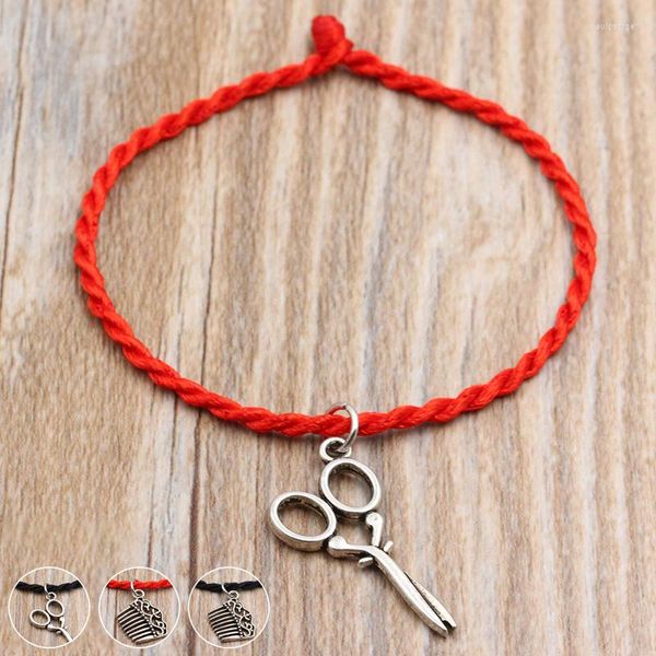 Braccialetti con ciondoli Forbici Pettine Ciondoli Bracciale con cordino in filo rosso Corda fatta a mano fortunata per gioielli da coppia di innamorati da donna