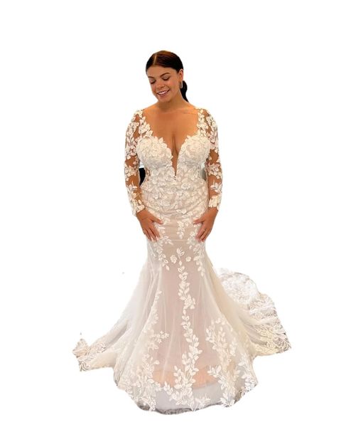 Plus Size Boho Abito da sposa con applicazioni Pizzo Manica lunga Sirena Chiesa Abiti da sposa Corte dei treni Spiaggia Donna Chic Abiti da sposa Appliques vestido de noiva