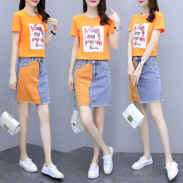 Vestidos de trabalho verão feminino jeans saia terno feminino estampado desenho animado t-shirt com decote em o e saias senhoras jeans conjunto de duas peças a54