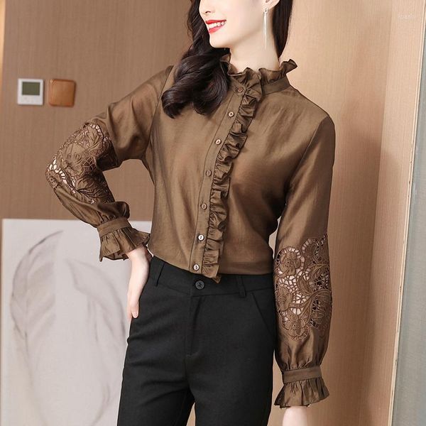 Camicette da donna Colletto alla coreana increspato di alta qualità Camicie di seta di gelso per le donne Manica svasata e top Camicetta marrone scuro Camisa