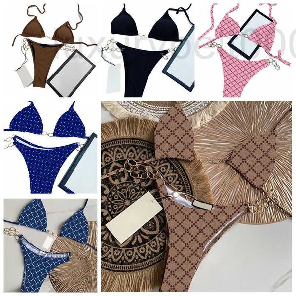 Costumi da bagno taglie forti da donna Designer Vintage Lettere stampate Bikini Costumi da bagno sexy da donna a catena divisa con cravatta Pool Party Spa Reggiseno da spiaggia Costume da bagno imbottito alla moda KEF7