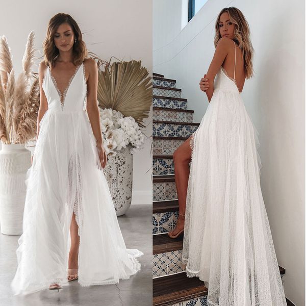 Spitzenspleiß weiße lange Kleid Beach Tief gegen Nacken sexy Sommer Sundress Boho Schlitz Max Größe Kleider Frauen ärmellose Hochzeit