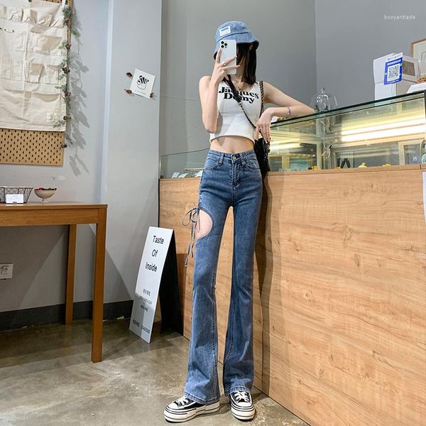 Jeans feminino 2023 flare rasgado cintura baixa solto confortável para mulheres calças elásticas fashion estilo namorado calças jeans