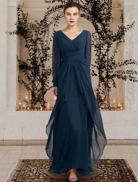 A-Line Mother of the Bride Dress 2023 Элегантный V Шифоновый длинный рукав с рюшами с рюшами.