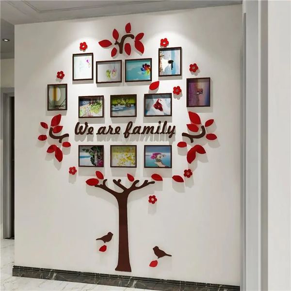 Adesivo de parede 3D acrílico Moldura para fotos de árvore DIY Pintura Adesivos de parede Sala de estar Escritório Fundo de casa Decoração de fotos de parede