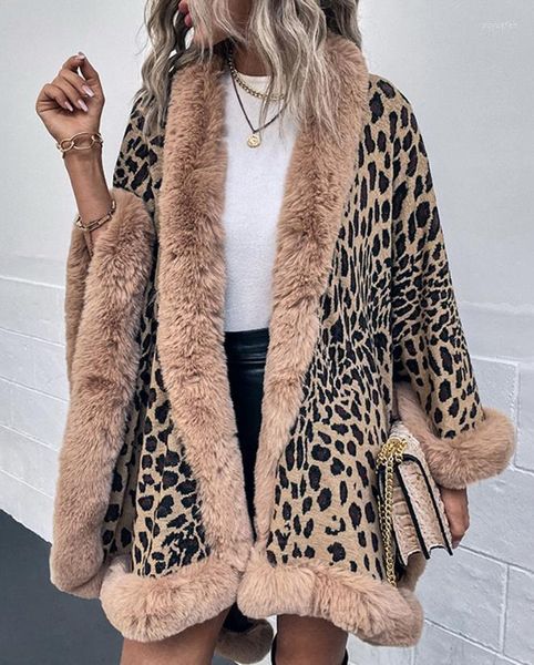 Women's Knits Women's Cardigan Fashion Cheetah Print Long Sleeved Fuzzy Trimmed Cape Asymmetric Clothing