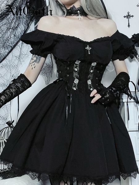 Grundlegende Freizeitkleider AltGoth Vintage Gothic Prinzessin Kleid Frauen Dark Harajuku Lace Up Cross Korsett Kleid Streetwear Partywear Lolita Kleid Weiblich 230614