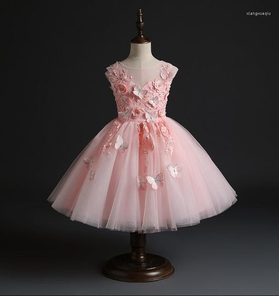 Mädchenkleider Rosa Tüll Kleid zum 1. Geburtstag des geborenen Babys Schmetterling Blumen Kleine Hochzeitsfeier Kleinkind Taufe Taufkleid