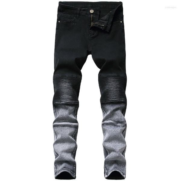 Jeans Masculino Tendência de Produto Masculino Gradiente Duas Cores Costura Preto Branco Calças Skinny Motociclista Denim Calça Dobrada no Joelho Motocicleta