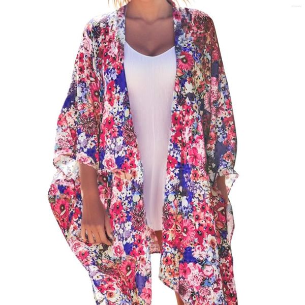 Roupa de banho feminina verão longo quimono esvoaçante cardigans Boho Chiffon floral praia cobrir tops para vestidos
