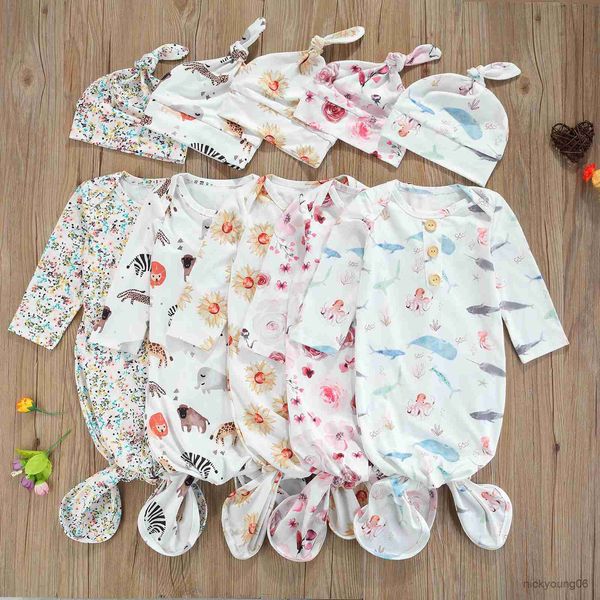 Schlafsäcke 5 Farben Neugeborene Baby Mädchen Taschen + Hüte Muster Drucken Rundhals Langarm Nachtwäsche R230614