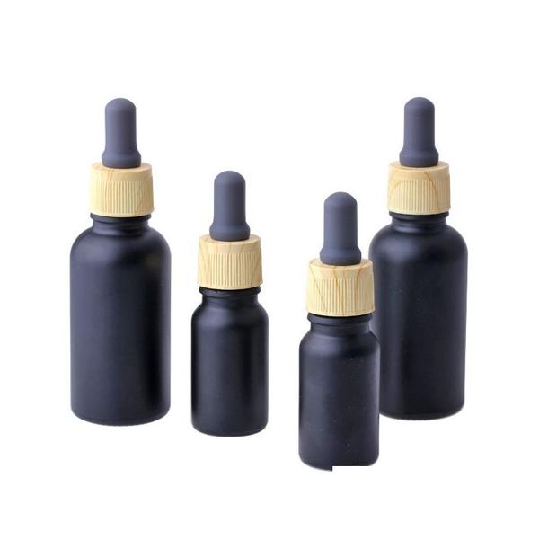 Verpackungsflaschen mattschwarzes Glas E-flüssiges ätherisches Öl pro Flasche mit Reagenzpipettentropfer und Holzmaserungskappe 10/30 ml Drop Del Dhrz7