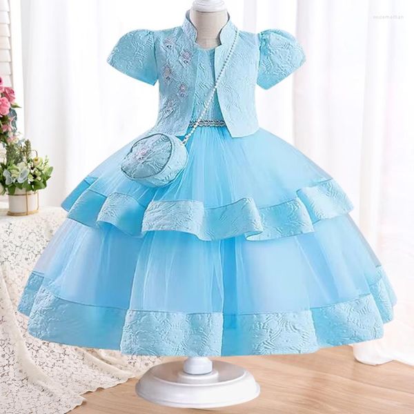 Vestidos para meninas de 3 a 10 anos Casaco infantil bordado Vestido princesa Tule Bolo Festa de aniversário Bolsa para noite