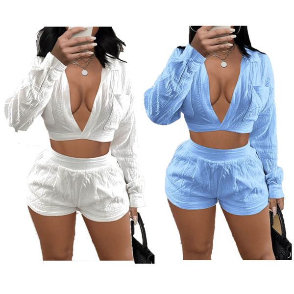 Tute firmate Completi estivi Donna Set due pezzi XS Manica lunga Giacca con scollo a V Top e pantaloncini Corrispondenza Casual Abbigliamento sportivo solido Bulk Abbigliamento all'ingrosso 9946