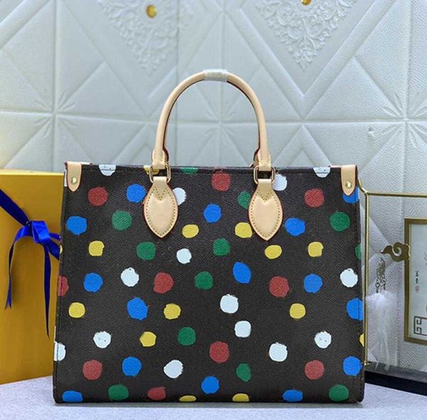 Designe Bolsa Tote Bag Antiga Flor Letras Polka Dot Padrão Alça De Couro Luxo Ferragens Douradas Bolsa Zip Bolso Grande Capacidade Bolsas Transversais Femininas