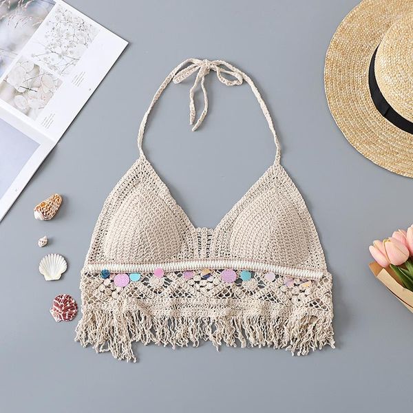 Canottiere da donna Bohemian Summer Halter Camis con pettorina Bikini da donna Swim Crop Top Sexy Backless Beach Wear Tassel Corsetto lavorato a maglia