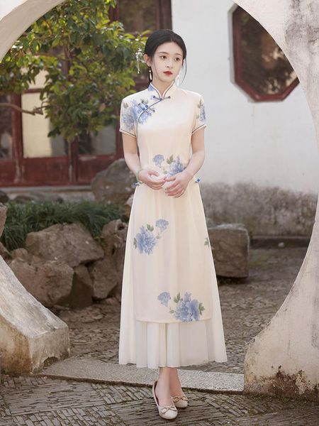 Ethnische Kleidung FZSLCYIYI Sommer Kurzarm Qipao Chinesische Traditionelle Mandarin Kragen Chiffon High Split Aodai Cheongsam Frauen Kleider