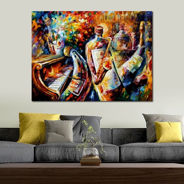 Arte em tela de música moderna garrafa jazz pinturas a óleo feitas à mão para decoração de casa contemporânea