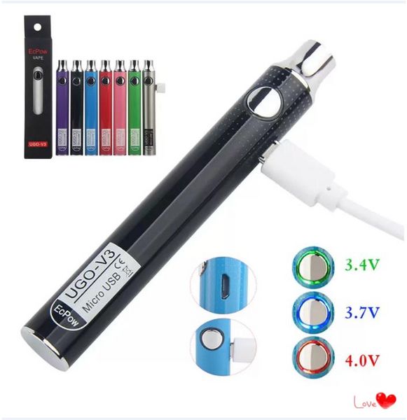 2PCS EVOD UGO V3 Preheat VV Vaporizer Battery 1100 900 650mAh Variable Voltage E Cigarette 510 Thread Vape Pen E-Cig USB Charger eGo-T MT3 CE4 CE5