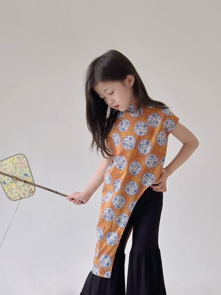 Cuhk Infantil Novo Estilo Chinês É Irregular Cheongsam Saia Preta Calças Rendas