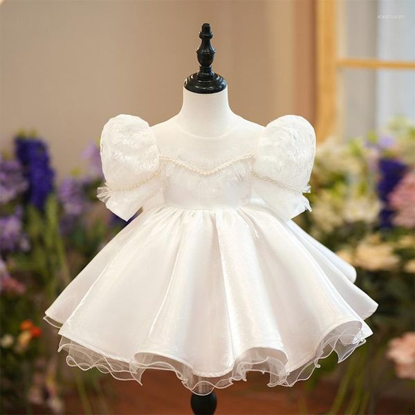 Abiti da ragazza Baby Princess Abito in raso Perline di pizzo bianco Bambino Vintage Big Bow Vestido Party Pageant Compleanno Matrimonio Abiti natalizi