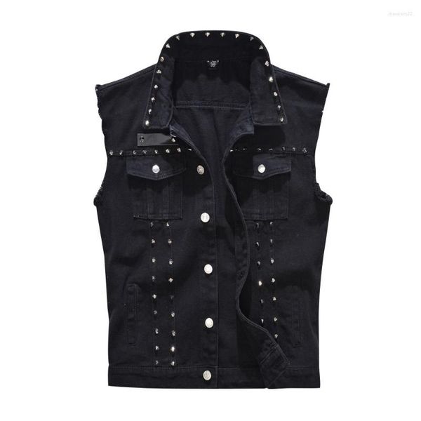 Giacche da uomo Cappotto da uomo Gilet Jeans strappati in cotone Giacca senza maniche Gilet di jeans nero Rivetti freddi Gilet da cowboy lavato hip-hop maschile