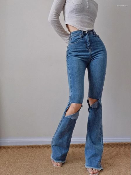 Jeans da donna WOMENGAGA Vita alta Skinny Slim Leg Show Long Girl Floor Pulling Pants Hole Flare Pants Moda Donna Blu LQ8B