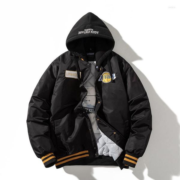 Männer Jacken Winter Varsity Jacke Männer Abzeichen Basketball Casual Streetwear Mit Kapuze Mantel Brief Dicke Warme Parkas Männliche Oberbekleidung Herbst